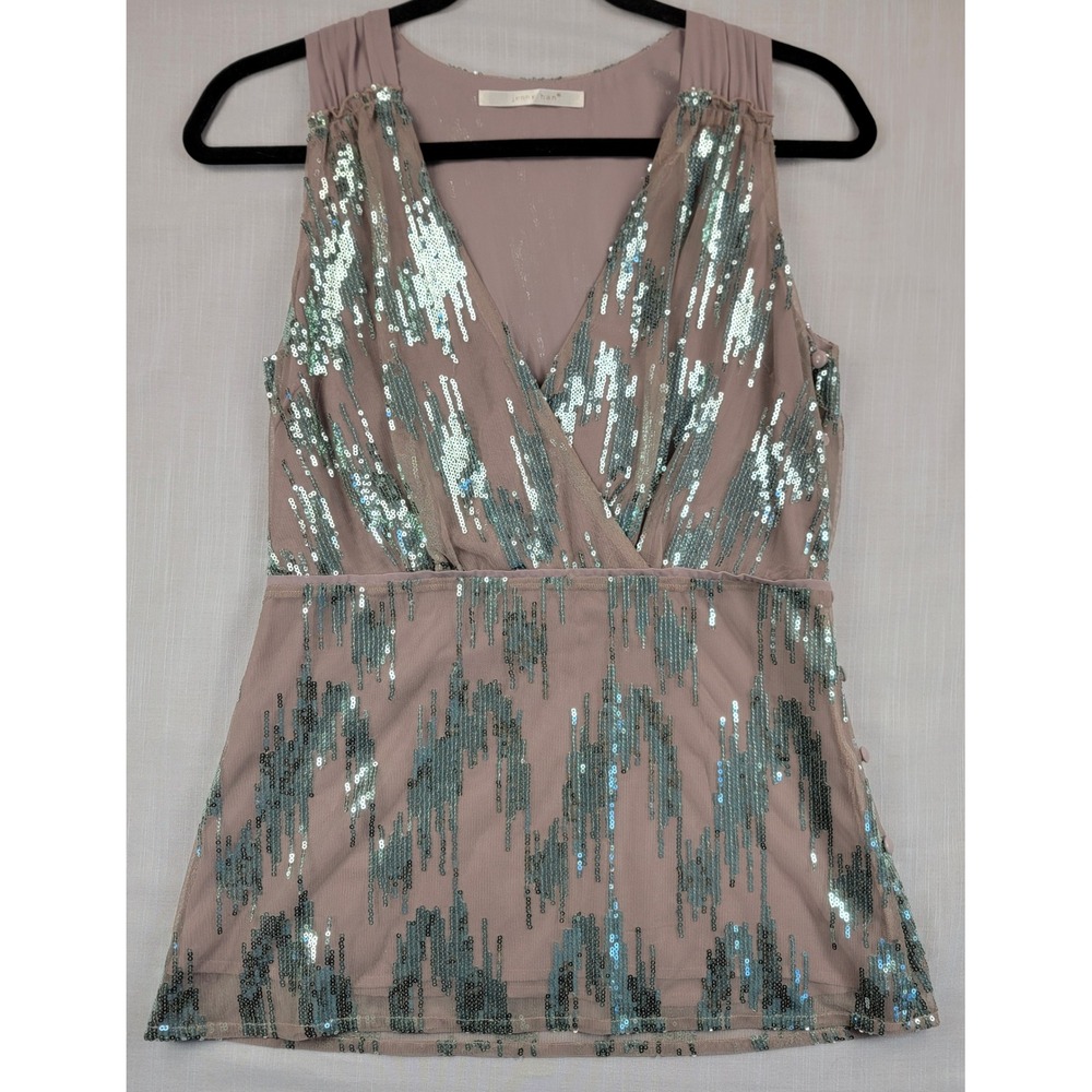 Jenny Han Taupe Teal Sequin Sleeveless Peplum Blouse Top Side Buttons Small